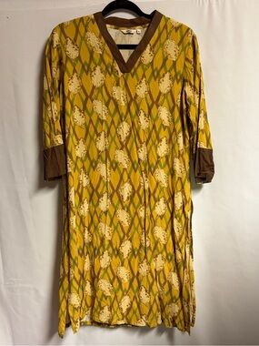Mustard Yellow Printed V-Neck Tunic Dress